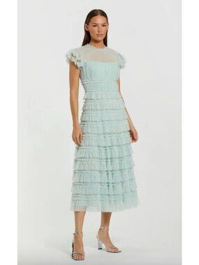 Mac Duggal 8285 Mesh Micro Ruffle High Neck Cap Sleeve Midi Dress Size 10 Mint